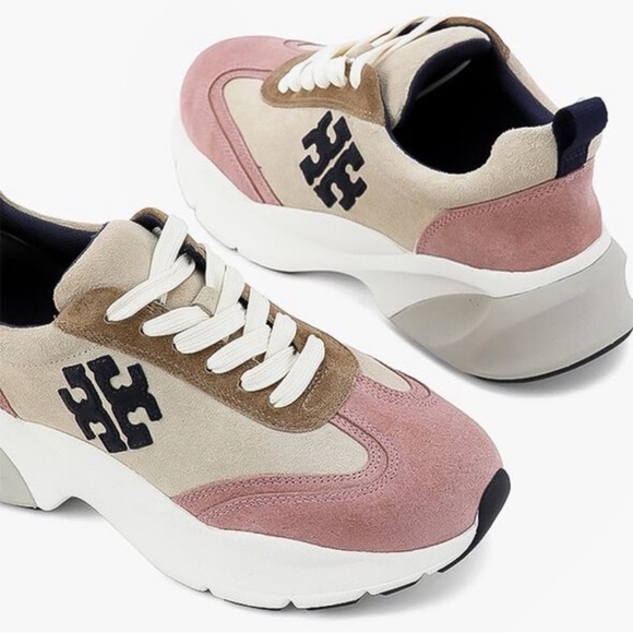 Tory Burch Shoes - Tory Burch Pink Suede & Beige Suede Platform Sneakers with Black Logo